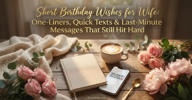 A cozy wooden table with a notebook, a coffee cup featuring heart latte art, pink roses, and a smartphone displaying a text message next to the main title text Short Birthday Wishes for Wife: One-Liners, Quick Texts & Last-Minute Messages That Still Hit Hard.