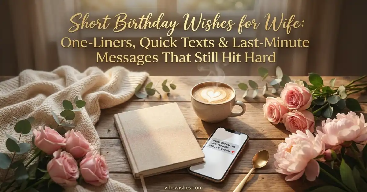A cozy wooden table with a notebook, a coffee cup featuring heart latte art, pink roses, and a smartphone displaying a text message next to the main title text Short Birthday Wishes for Wife: One-Liners, Quick Texts & Last-Minute Messages That Still Hit Hard.