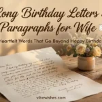 A handwritten letter on a rustic wooden table next to a small flower vase and a glowing candle, featuring the title text Long Birthday Letters for Wife: Heartfelt Words That Go Beyond Happy Birthday.