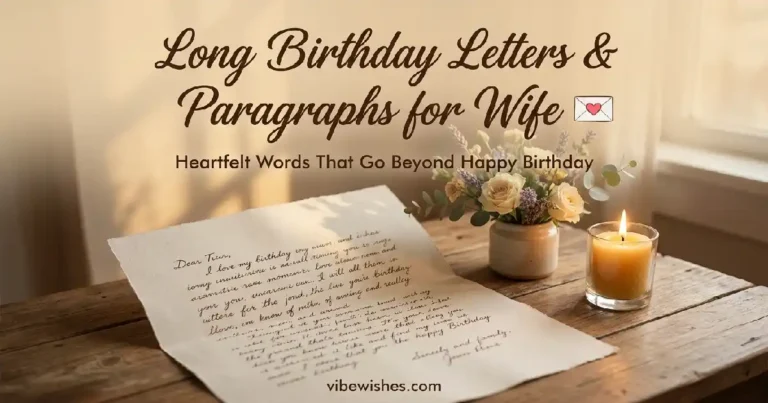 A handwritten letter on a rustic wooden table next to a small flower vase and a glowing candle, featuring the title text Long Birthday Letters for Wife: Heartfelt Words That Go Beyond Happy Birthday.
