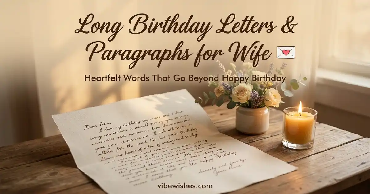 A handwritten letter on a rustic wooden table next to a small flower vase and a glowing candle, featuring the title text Long Birthday Letters for Wife: Heartfelt Words That Go Beyond Happy Birthday.
