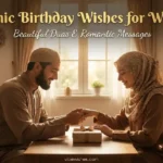 A happy husband and his wife in a hijab smiling together outdoors at sunset, perfect for a post about Islamic birthday wishes for wife.