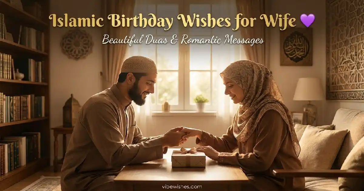 A happy husband and his wife in a hijab smiling together outdoors at sunset, perfect for a post about Islamic birthday wishes for wife.