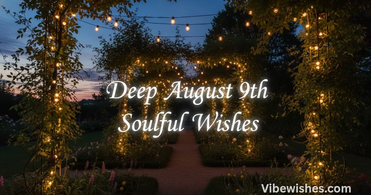 A beautiful garden archway decorated with fairy lights at sunset for August 9th birthday deep soulful wishes.