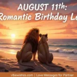 Two lions sitting together on a beach watching the sunset, representing August 11th birthday romantic birthday love.