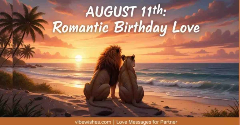 Two lions sitting together on a beach watching the sunset, representing August 11th birthday romantic birthday love.