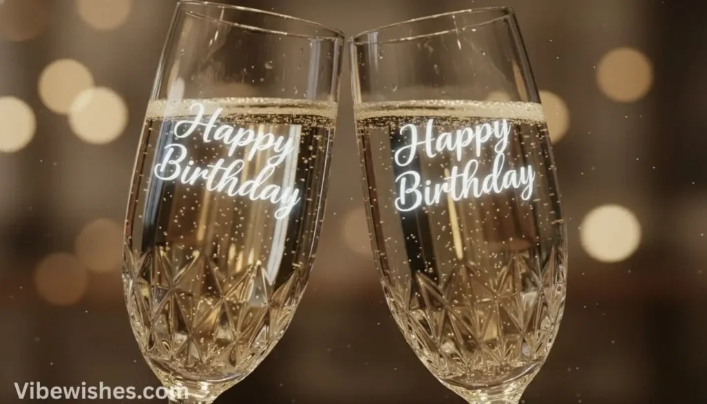Two champagne glasses with happy birthday text for an august 13th birthday celebration.