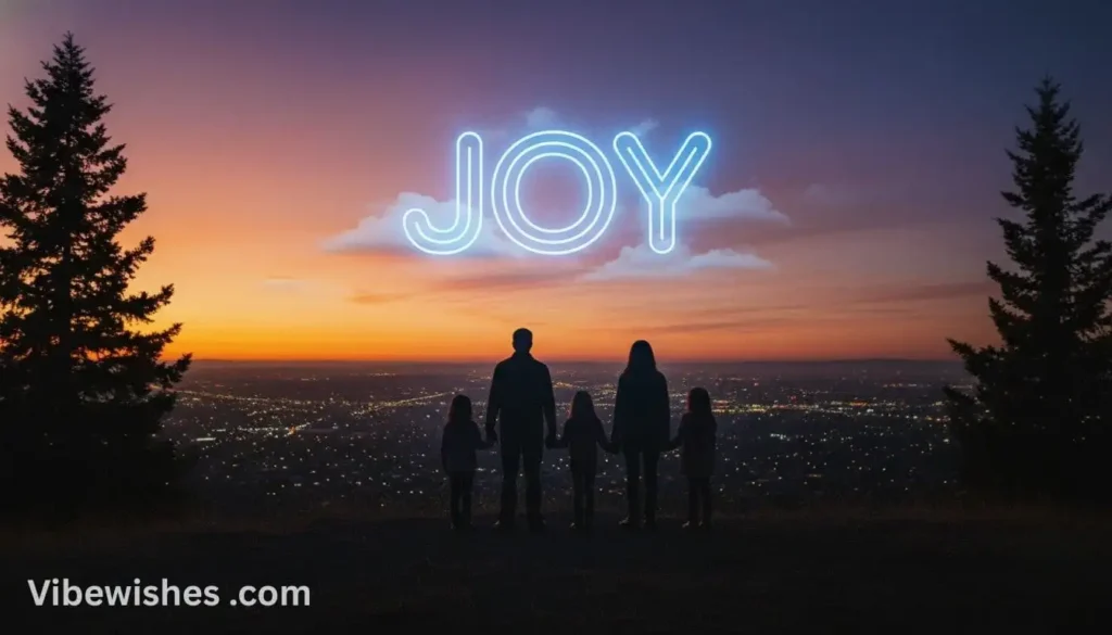 A family silhouette standing on a hill at sunset with a neon "JOY" sign in the sky for an august 14 birthday.