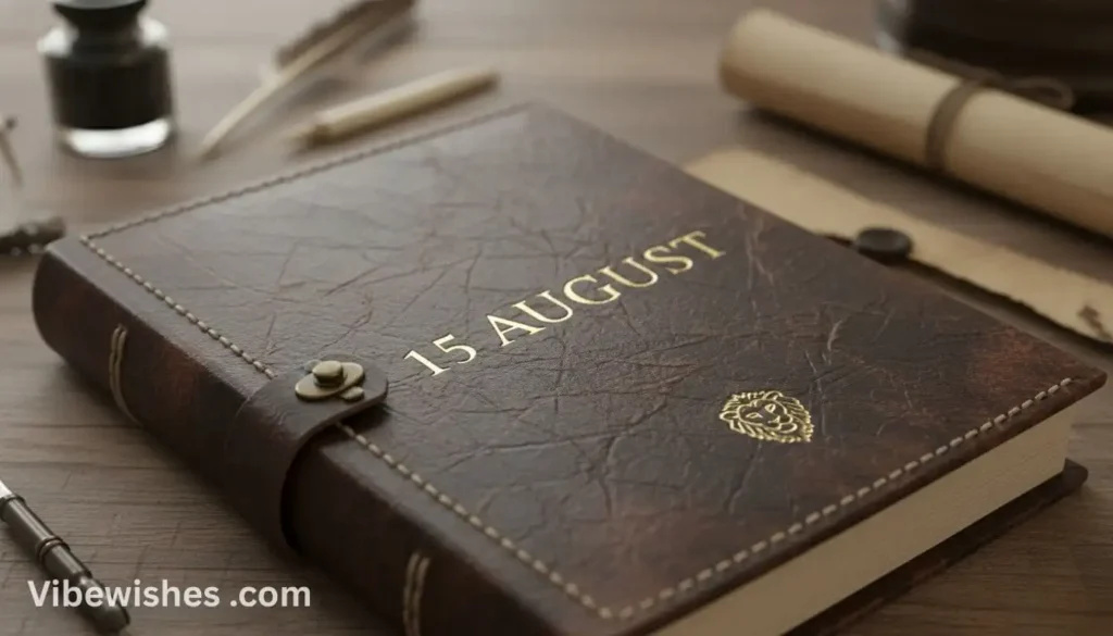 A close-up of a vintage brown leather journal with "15 AUGUST" in gold script on the cover, perfect for recording memories on an august 15 birthday.