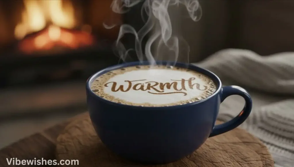 A cozy blue coffee mug with 'Warmth' latte art, ideal for August 17th birthday wishes.