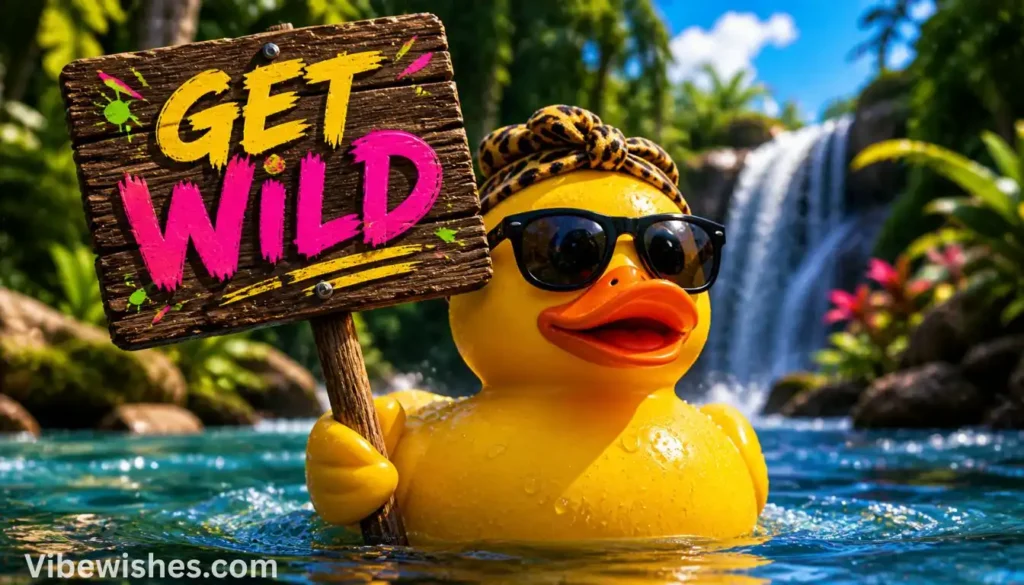 A funny rubber duck wearing sunglasses and a headband holding a 'Get Wild' sign for an August 18 birthday.