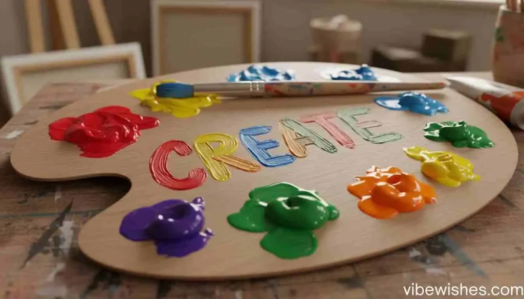 A wooden paint palette with colorful oil paints spelling out the word 'CREATE' for an August 24 birthday.