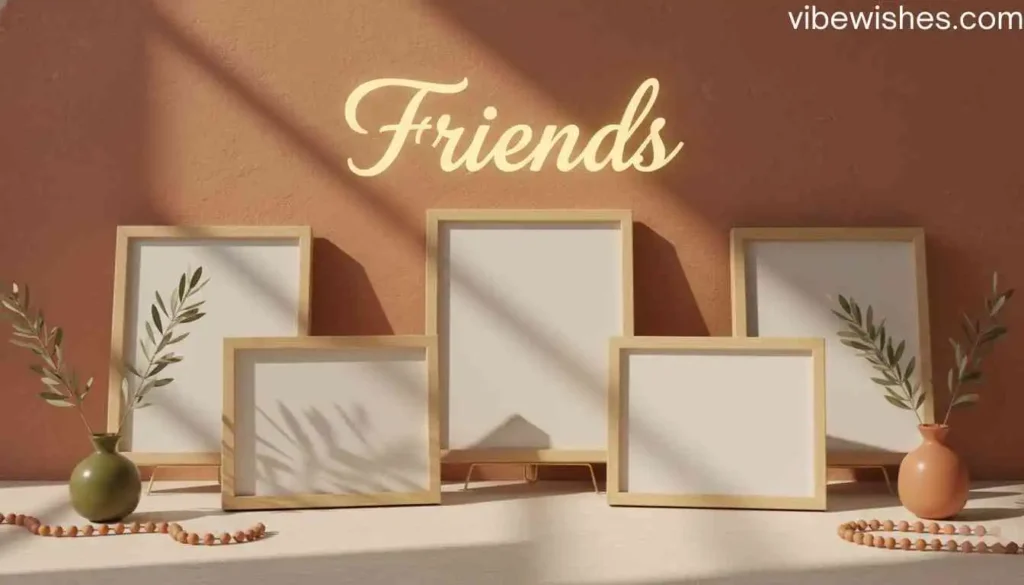 Minimalist wooden photo frames with 'Friends' text on a warm wall, ideal for August 25th birthday memories.