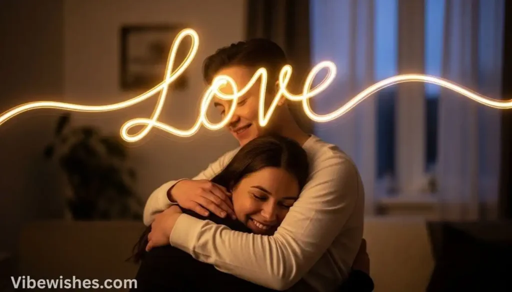 Romantic couple hugging with a glowing "Love" neon sign for an August 19th birthday