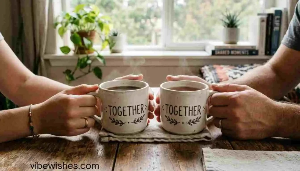 Couple holding Together coffee mugs for an August 22 birthday celebration