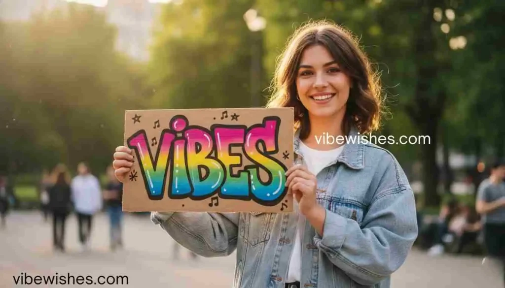 Smiling girl holding a colorful VIBES sign for an August 27th birthday.
