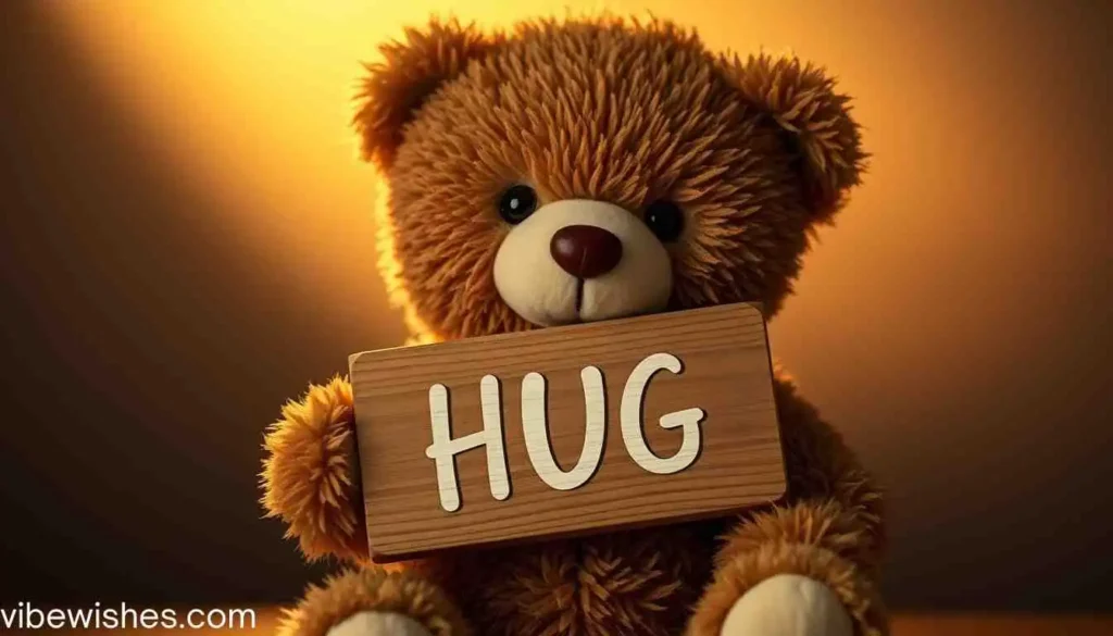 Brown teddy bear holding a wooden sign that says HUG for an August 28 birthday.