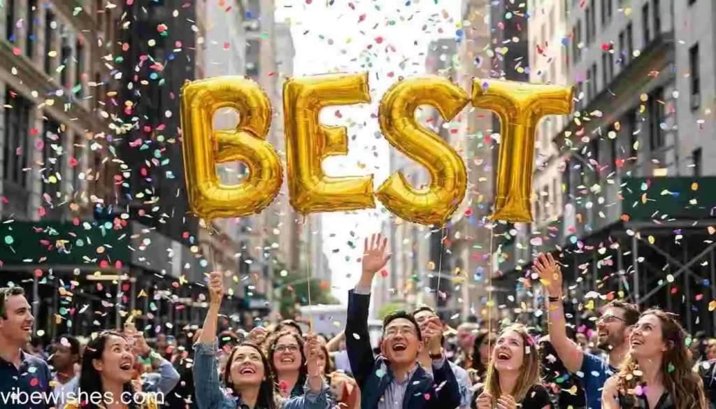 A group of people celebrating an August 30th birthday with gold BEST balloons and confetti.