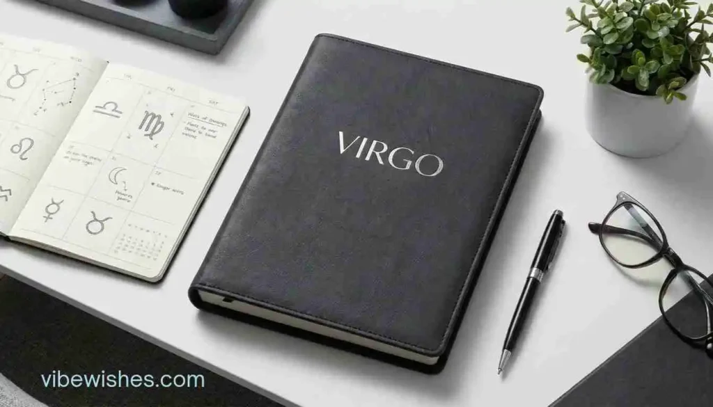 A black leather notebook embossed with VIRGO on a desk for an August 31st birthday.