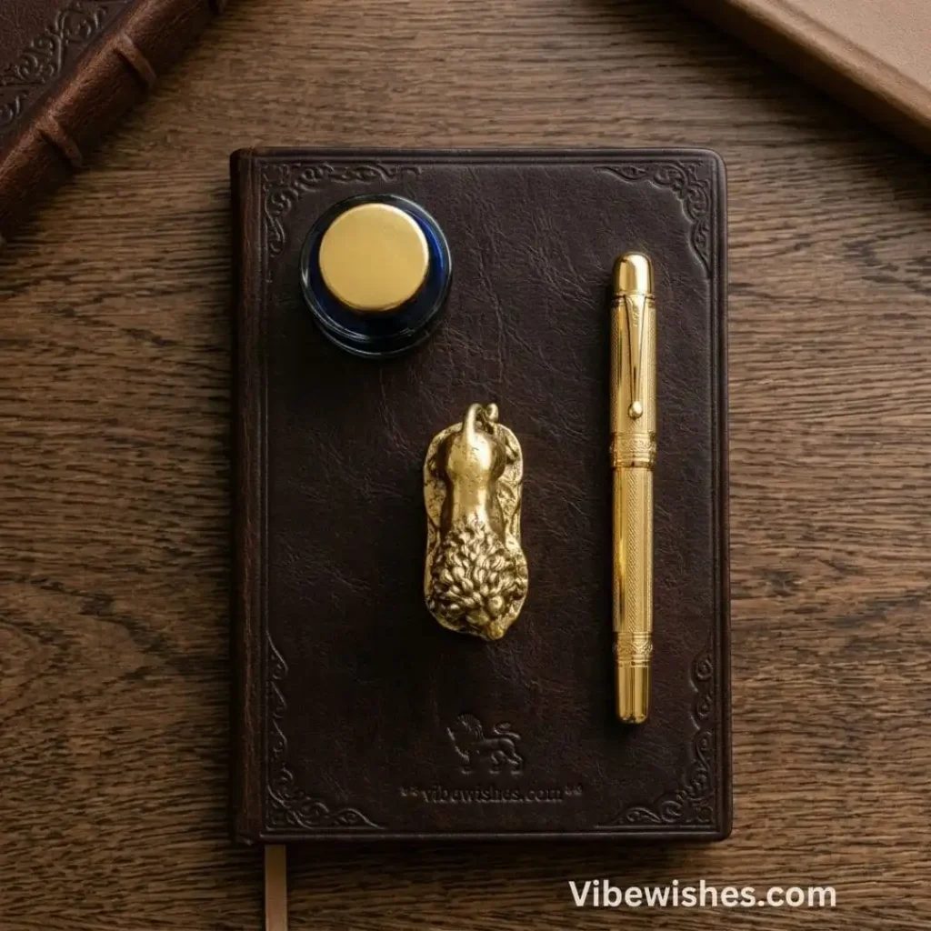 A brown leather journal with a gold pen and a small lion statue for writing Leo birthday quotes.