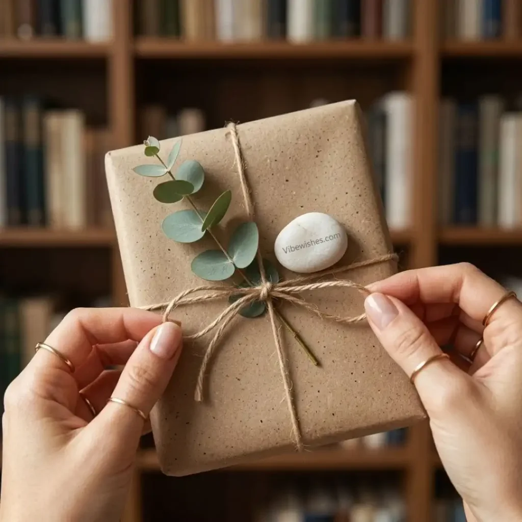 Hands holding a brown paper gift with a small leaf for Virgo birthday quotes.