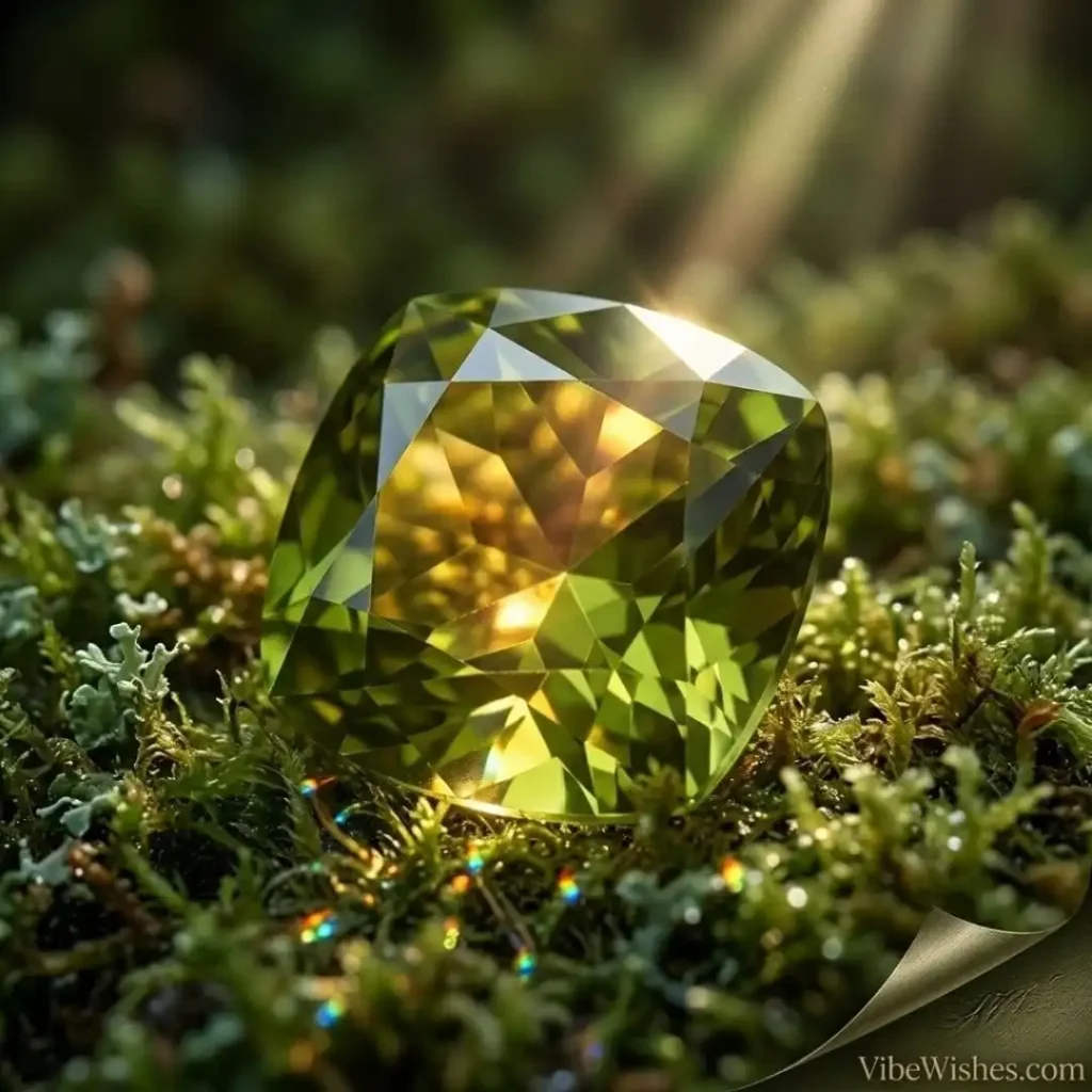 A glowing green peridot gemstone on moss for August born birthday quotes.