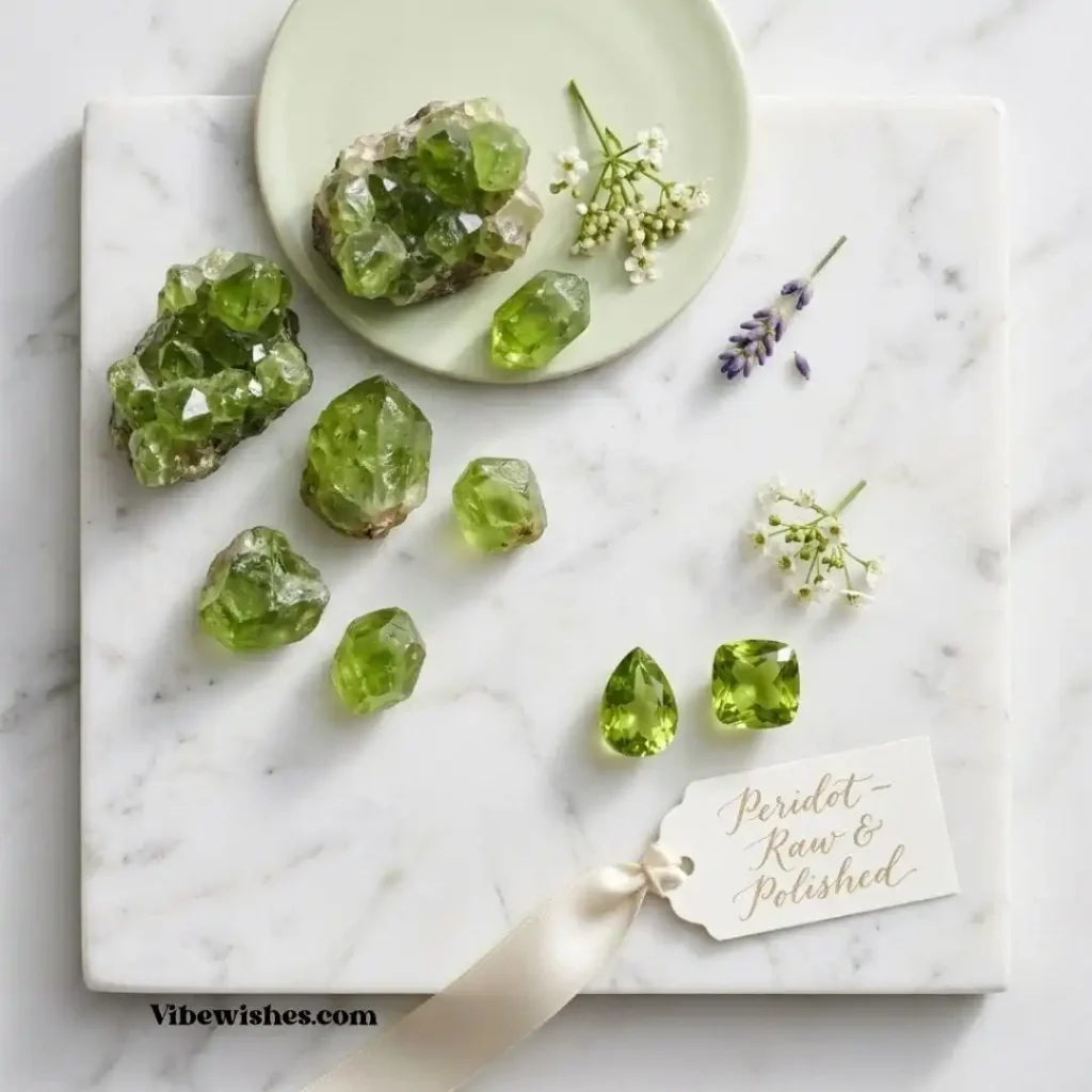 Natural raw and polished green peridot stones for August birthstone gifts.