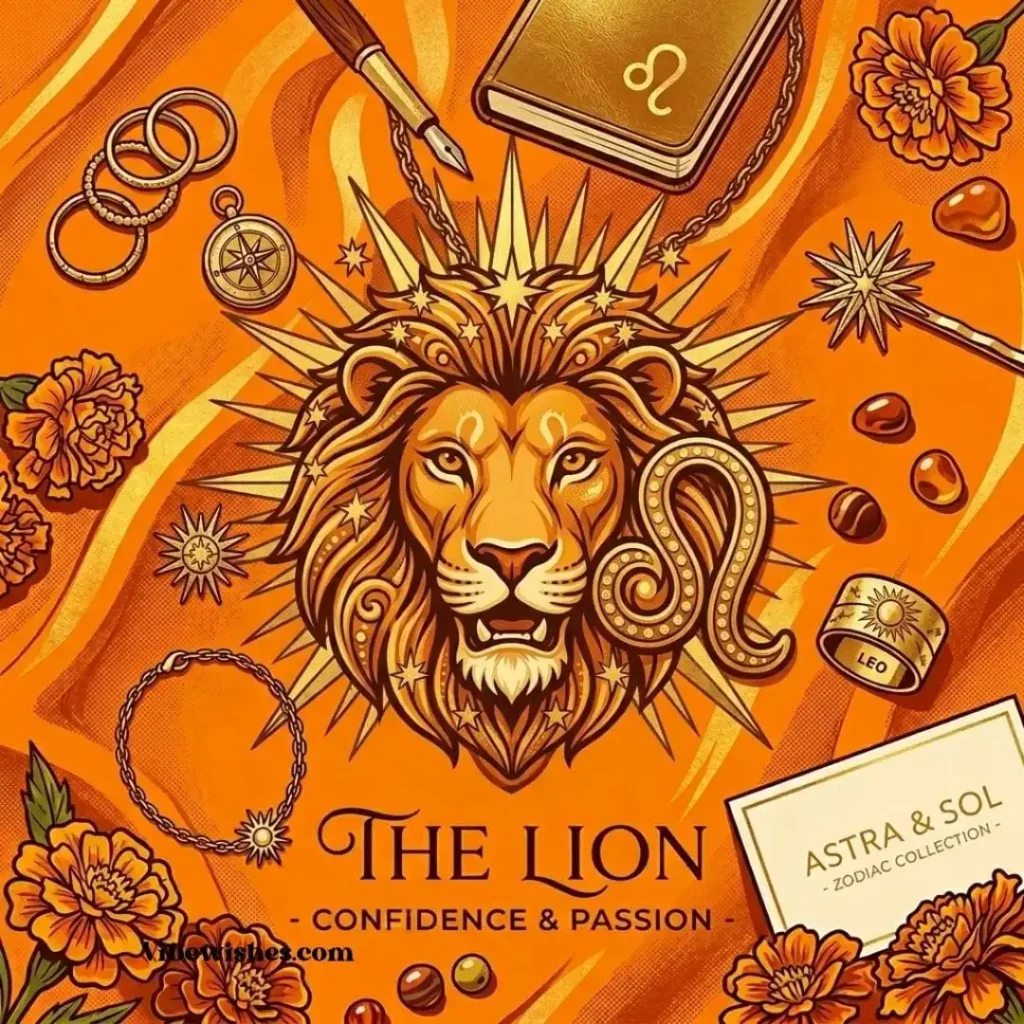 Vibrant orange and gold lion illustration representing a Leo birthday gift theme.