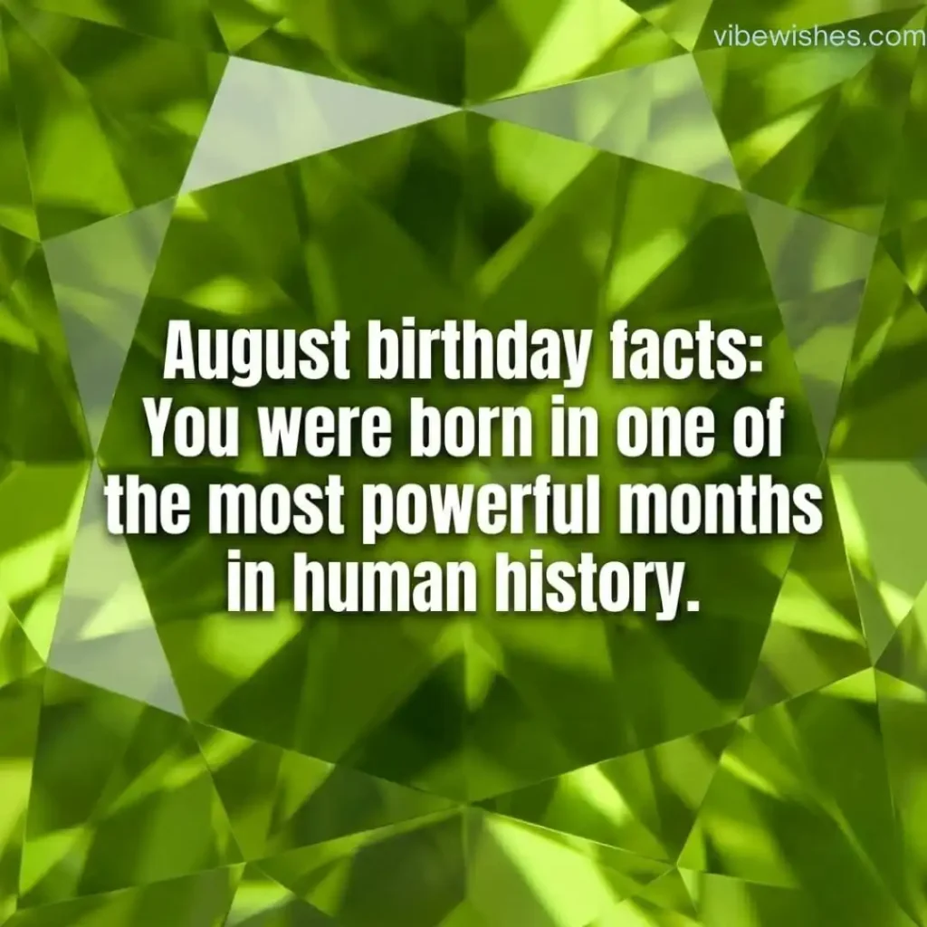 A square image with a green peridot gemstone background featuring a quote about August being a powerful month.