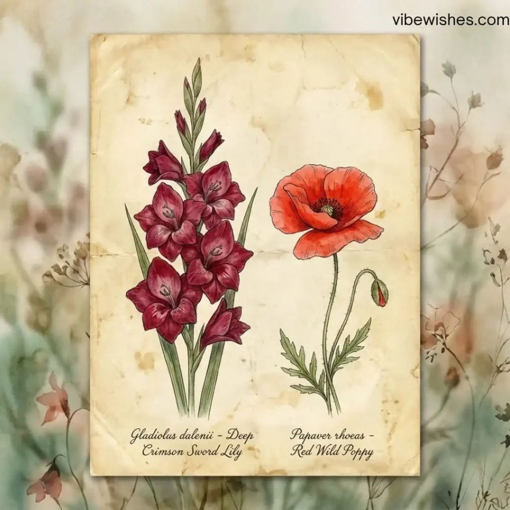 Vintage botanical illustration of August birthday month flowers: Deep Crimson Sword Lily (Gladiolus) and Red Wild Poppy.