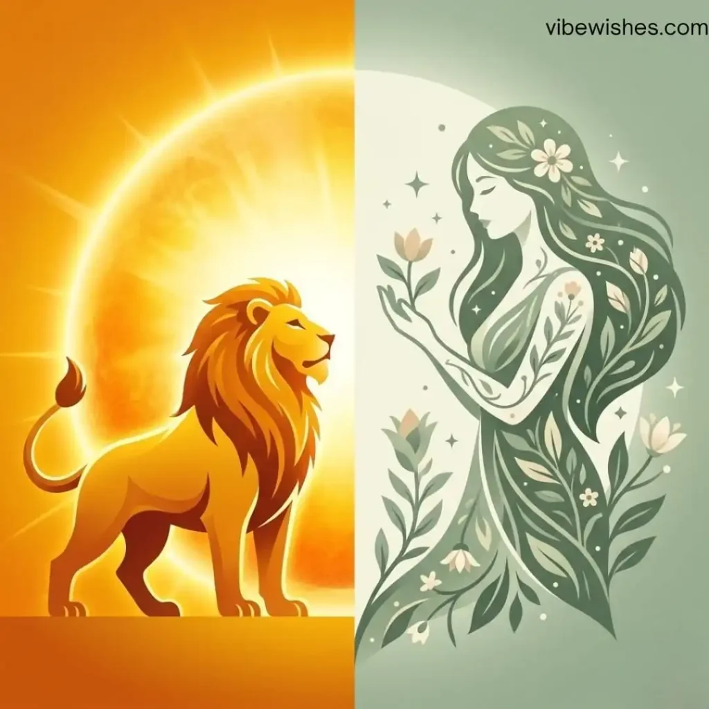 A side-by-side illustration of a golden lion for Leo and a green floral goddess for Virgo as an August birthday party idea theme.
