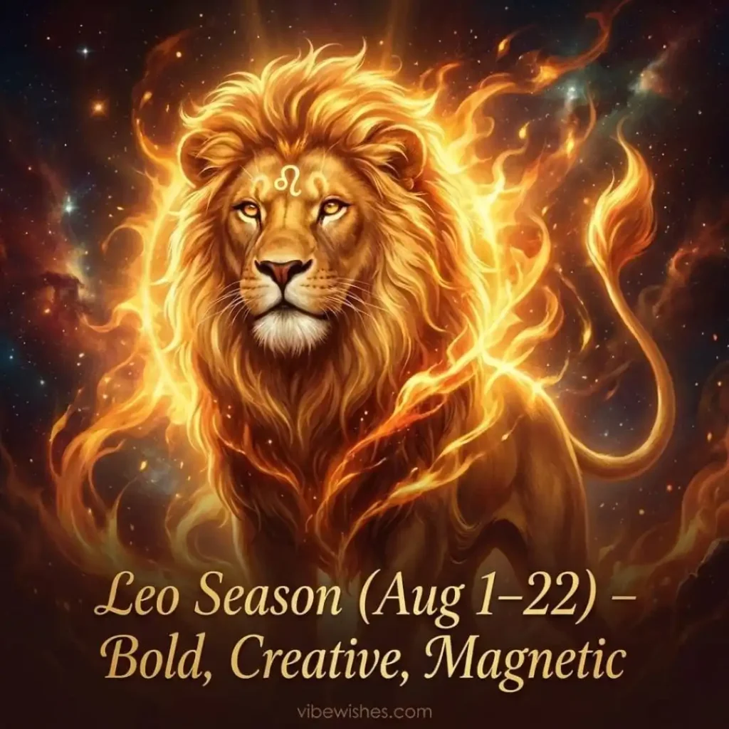 A square image showing a golden lion symbol on a warm background for the Leo August birthday horoscope.