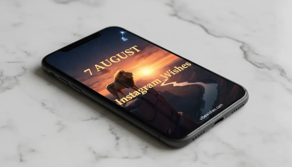 Aesthetic smartphone on a marble table displaying 7 August Instagram wishes for birthday posts.