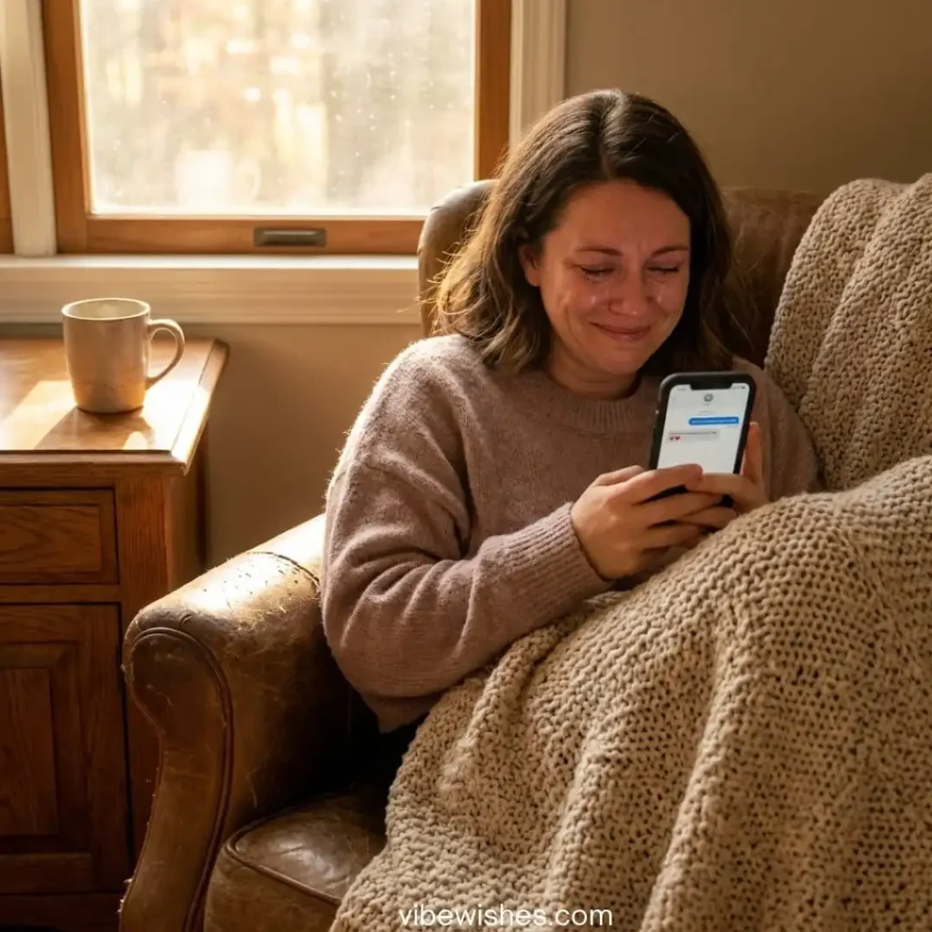 Wife crying happy tears after reading Heart Touching Birthday Greetings for Wife on phone.