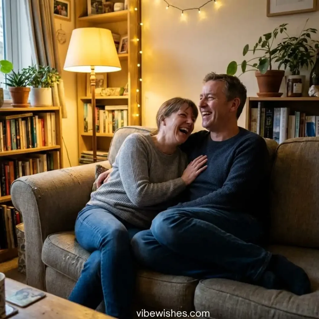 A husband and wife sitting on a sofa laughing together at funny birthday sayings for wife.