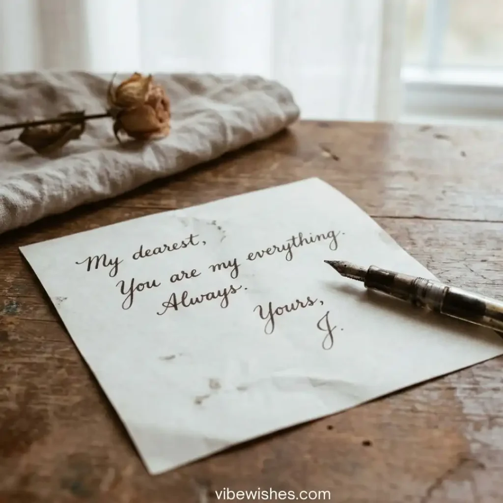 A beautiful handwritten card on a rustic table that serves as one of the sweet birthday notes to my wife next to a fountain pen.