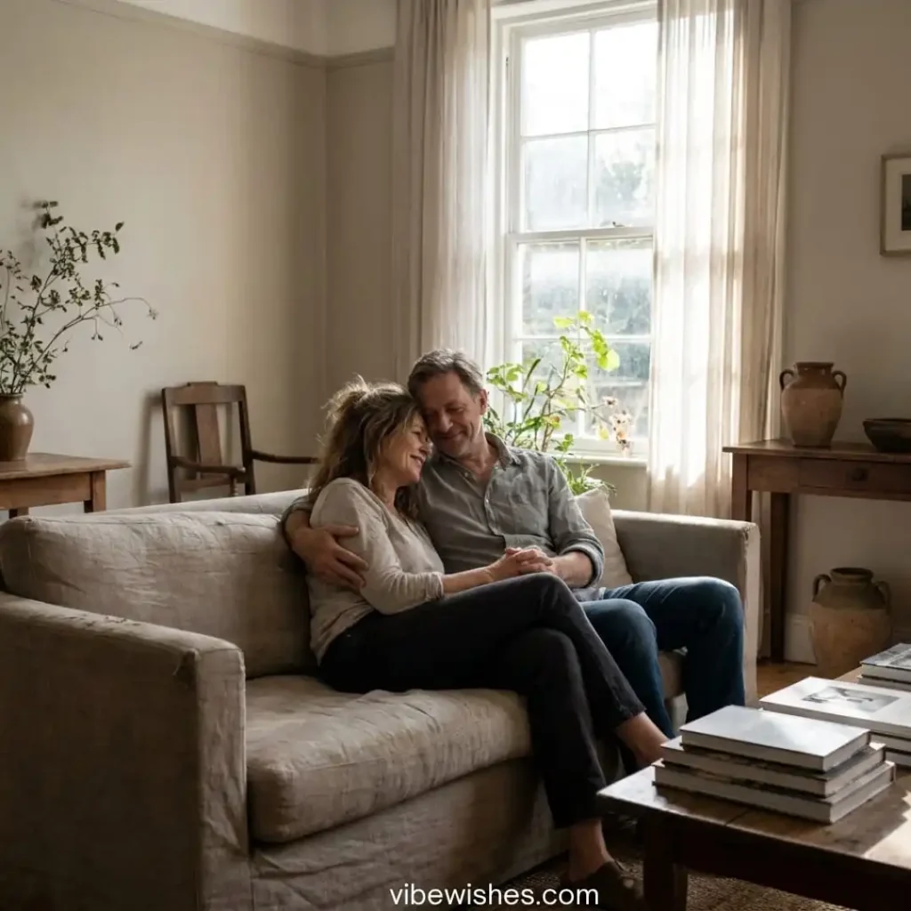A middle-aged couple cuddling affectionately on a rustic sofa near a window, showcasing sweet birthday greetings to wife.