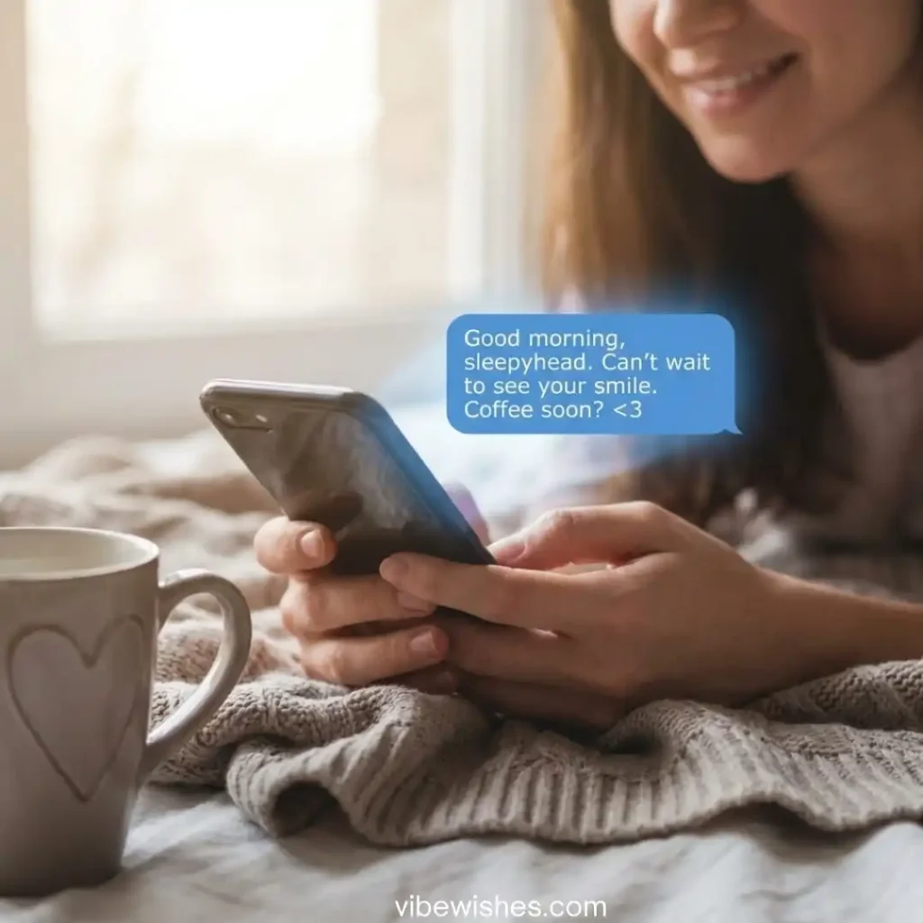A loving couple cuddling on a sofa by the window, reflecting the warmth of cute birthday texts for wife.