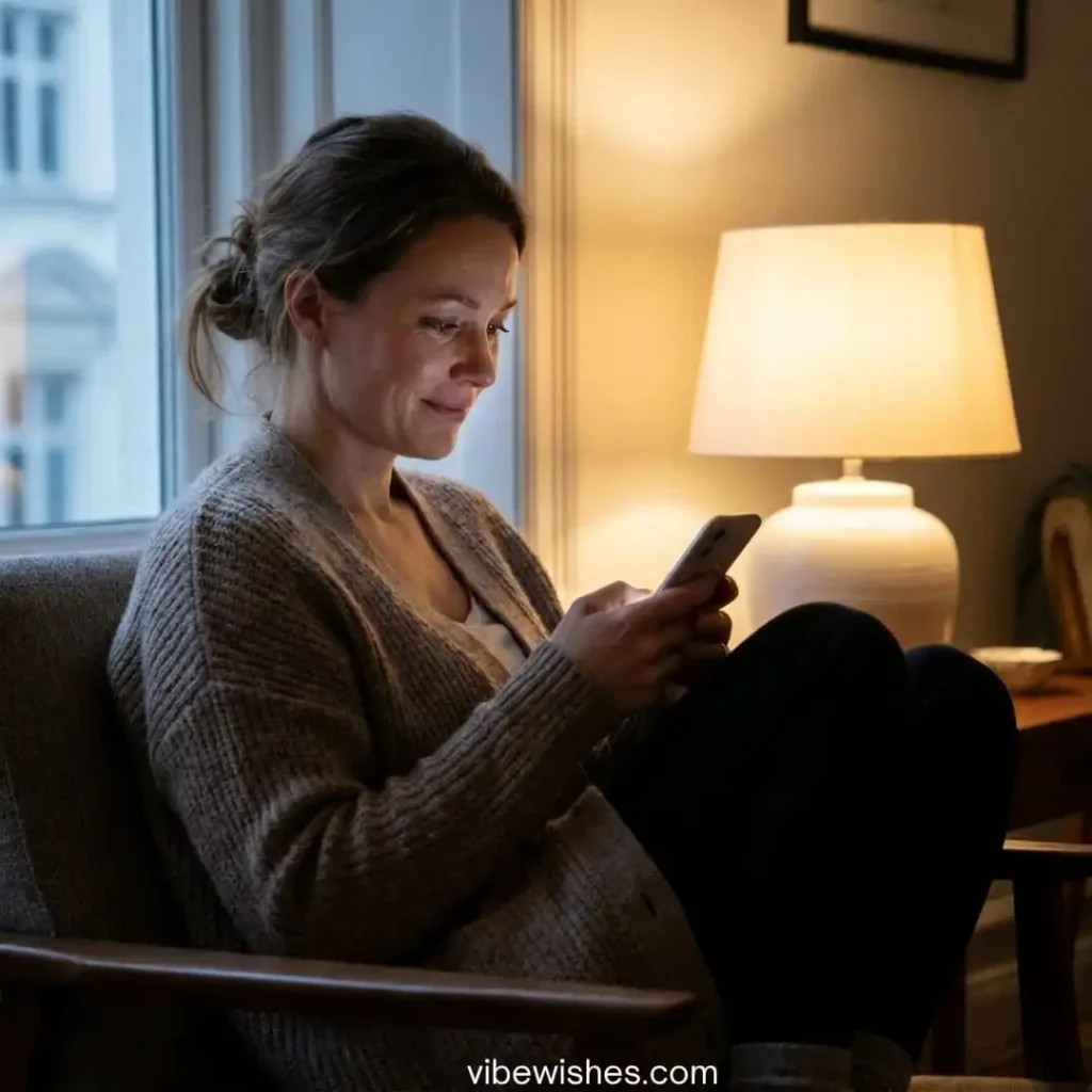 A happy woman sitting by a window at night and looking at her phone, reflecting deep birthday sentiments for wife.