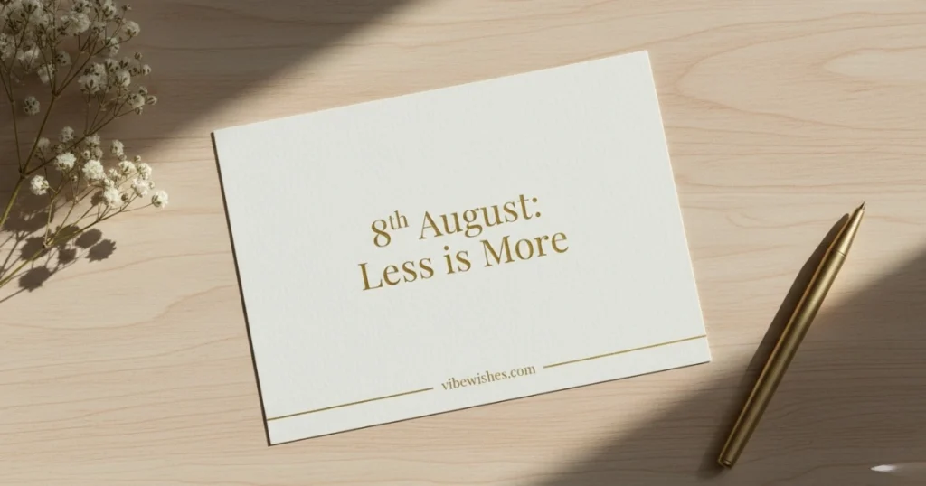 Aesthetic note card for an August 8 birthday with the text "8th August: Less is More" and a gold pen.