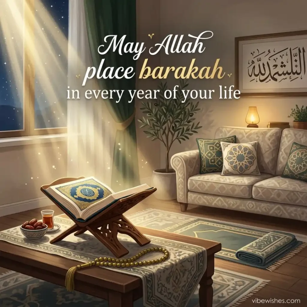 An open Holy Quran on a wooden stand inside a beautifully lit living room, ideal for spiritual Islamic birthday messages for husband.