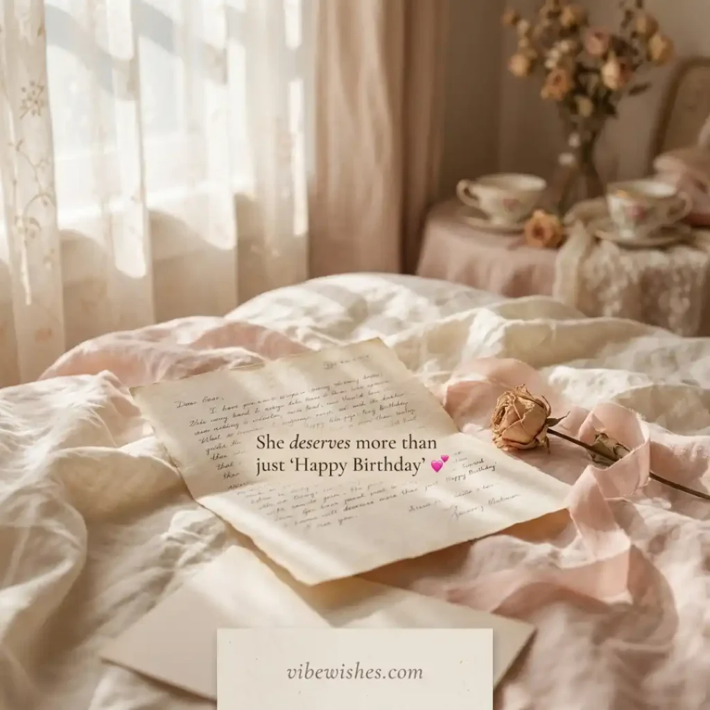 A handwritten love letter resting on messy white bed sheets next to a dried rose with the text she deserves more than just happy birthday highlighting Long Birthday Letters for Wife.