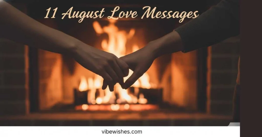 A couple holding hands in front of a warm, blurred fireplace for August 11th birthday love messages.