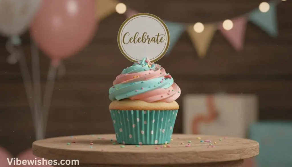 A pink and blue frosted cupcake with a "Celebrate" topper on a wooden stand, perfect for an august 14 birthday.
