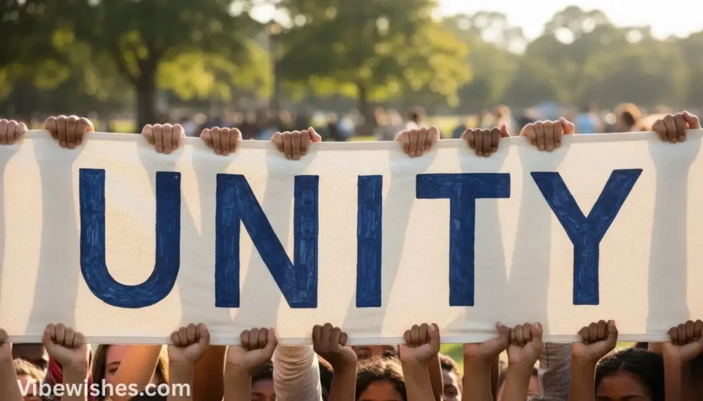 Hands of various people holding up a large fabric banner that spells out "UNITY" in big blue letters, representing a shared celebration for an august 15 birthday.