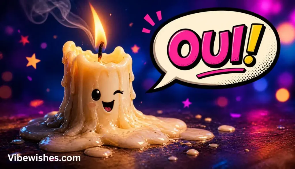 A cute and funny melting candle winking with a 'OUI!' speech bubble for an August 18 birthday.