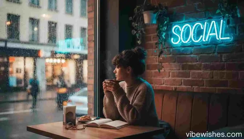 A woman sitting in a cafe with a 'SOCIAL' neon sign, representing a relaxed August 23rd birthday vibe.