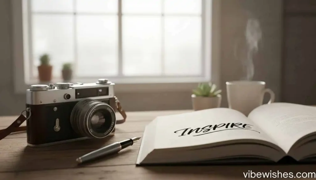 A vintage camera next to an open journal with 'INSPIRE' written on the page, perfect for an August 24 birthday theme.