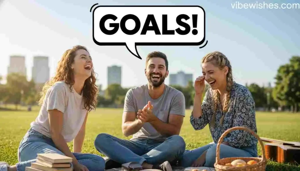 Friends laughing together in a park with a GOALS speech bubble for an August 27th birthday.