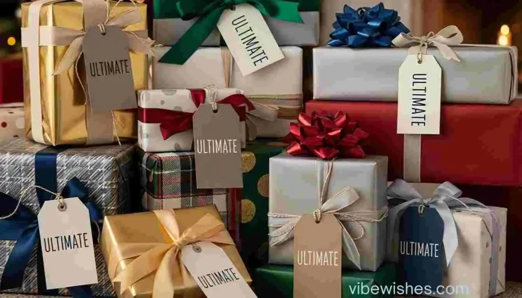 A stack of colorful gift boxes with ULTIMATE tags for an August 30th birthday.